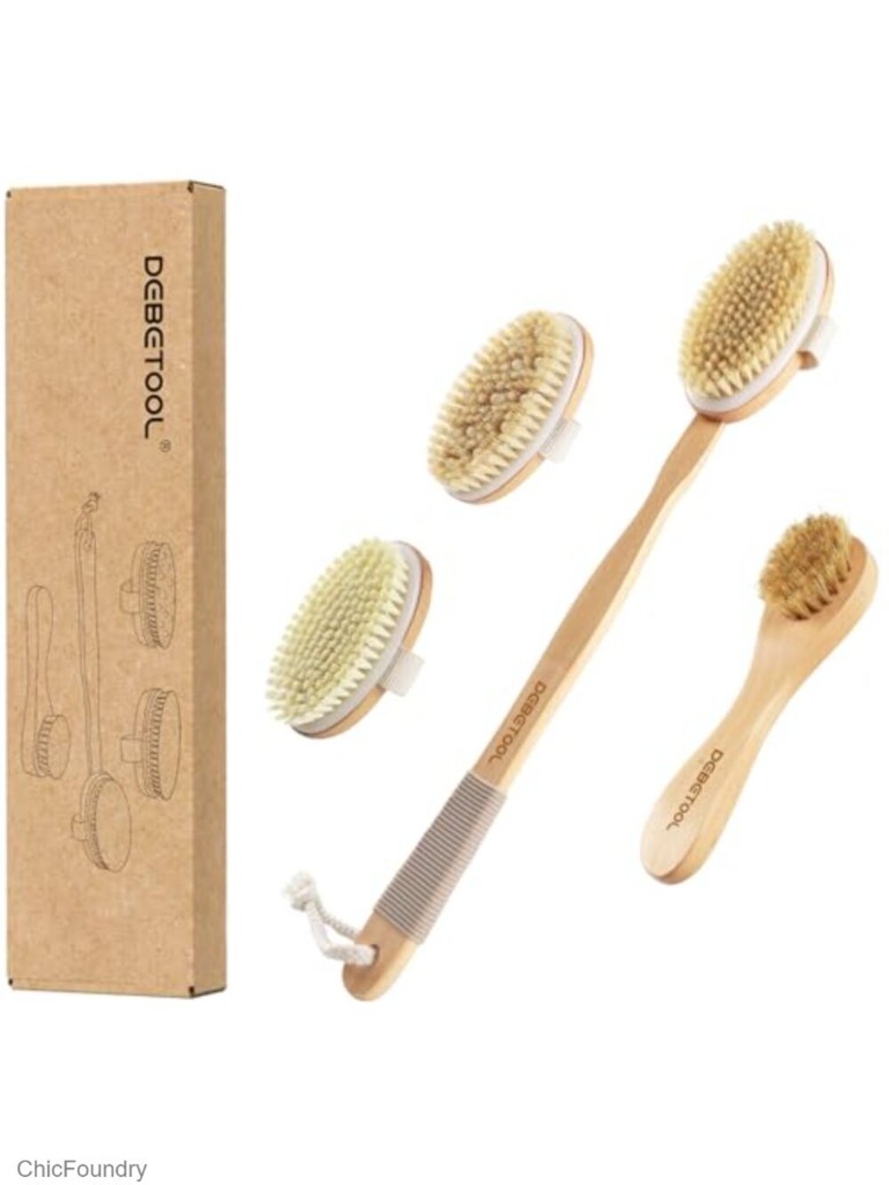 Dry Brush Set 3 Detachable Heads Natural Boar Bristle Exfoliating Body
